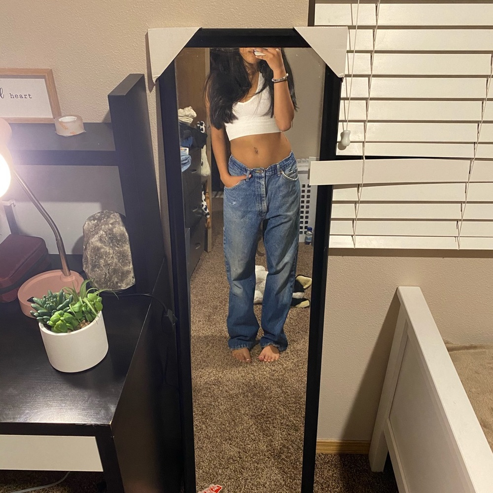 Dark washed jeans, baggy jeans without rips